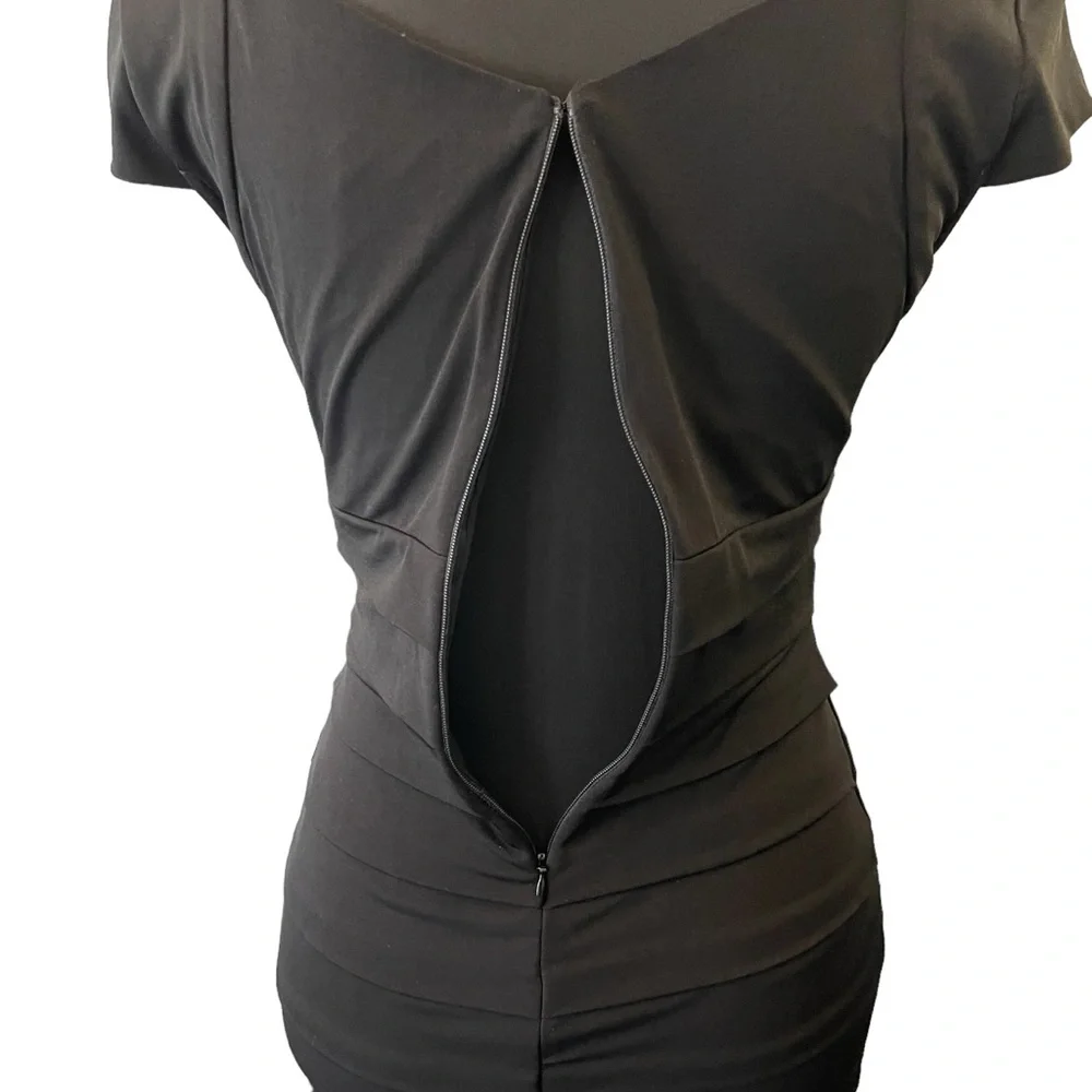 WHBM Black Cap Sleeve Sweetheart Neck Layered Bodycon Mini Dress (4) - Picture 8 of 13